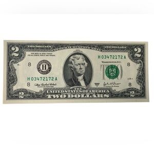 Two Dollar Bill with Green Seal Series 2003A H03472172A Serial Number Money